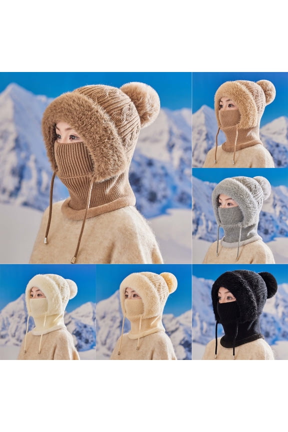 Winter Hat and Scarf Set for Women Integrated Warm Knitted Pullover Beanie and Scarf