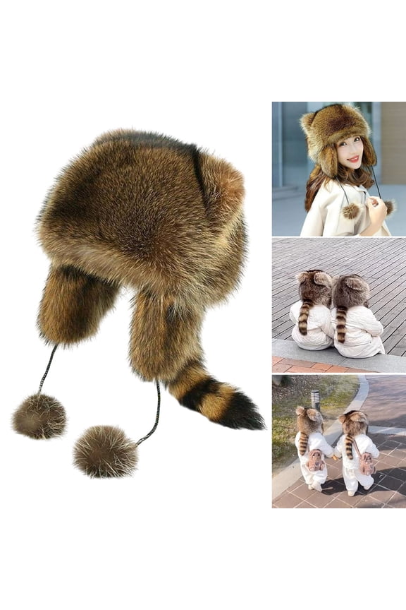 Winter Hat for Kids Adults Racoon Shape Faux Fur Thermal Isolation Windproof Unisex Furry Ball Decor Parent-child Matching Headwear Outdoor Cap