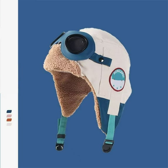 Winter Hat for Kids Retro Pilot Style Fleece Lined Ear Flap Hat Motorcycle Riding Cap, Blue