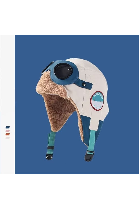 Winter Hat for Kids Retro Pilot Style Fleece Lined Ear Flap Hat Motorcycle Riding Cap, Blue