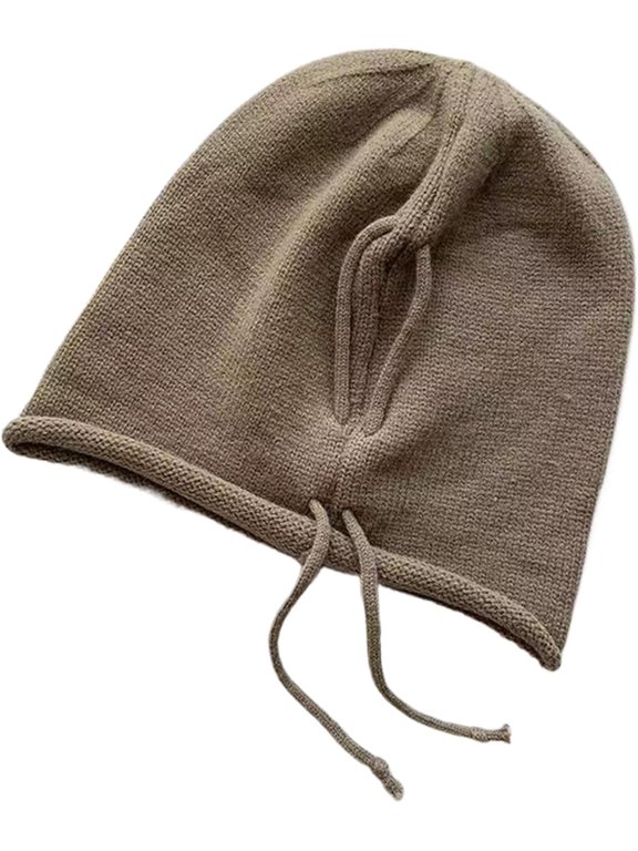 Winter Hat for Women Men: Soft Warm Rolled Brim Hat, Knit Folded Hat, Drawstring Stack Hat, Winter Thick Skull Hats (Cotton, Khaki)