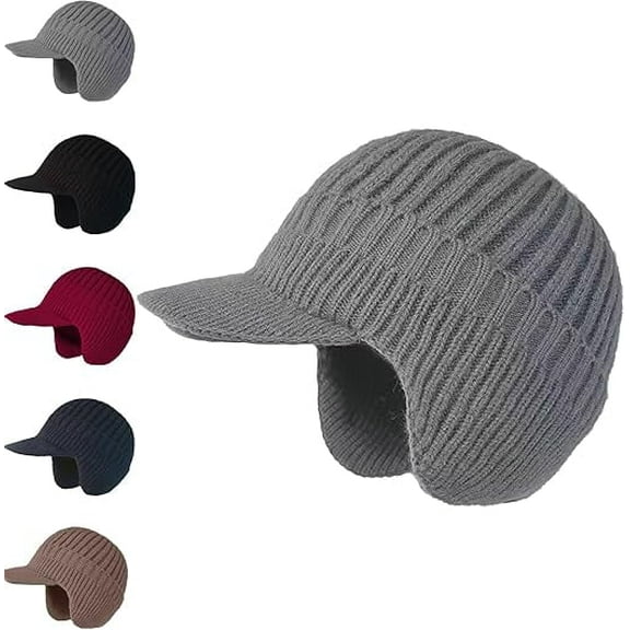 Winter Hat with Brim and Ear Flaps for Men, Knitted Hat with Fleece Lining, Outdoor Warm Lined Knit Hats