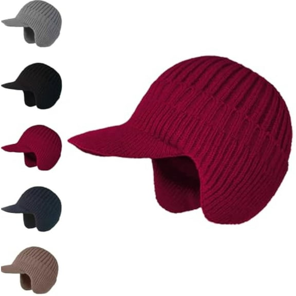 Winter Hat with Brim and Ear Flaps for Men, Knitted Hat with Fleece Lining, Outdoor Warm Lined Knit Hats