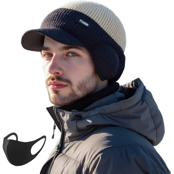 Winter Hat with Ear Flaps & Brim Warm Fleece Lined Knitted Beanie Outdoor Windproof Hat for Men Women Cold Weather
