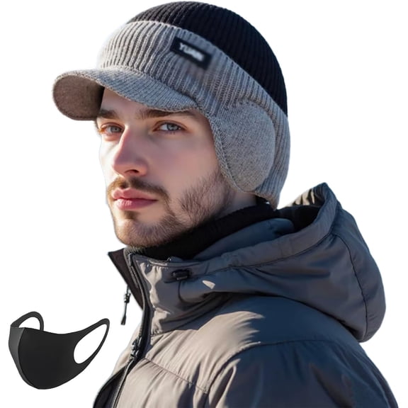 Winter Hat with Ear Flaps & Brim Warm Fleece Lined Knitted Beanie Outdoor Windproof Hat for Men Women Cold Weather