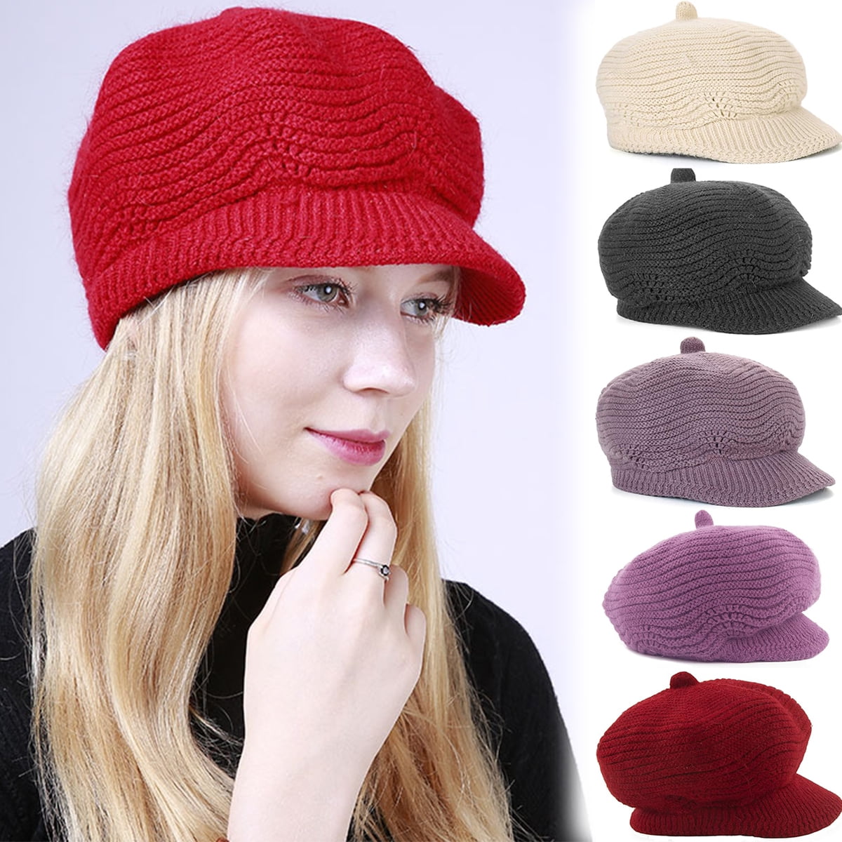 Winter Hats Knitted Beanie Hat with Visor Ribbed Ski Beanie 