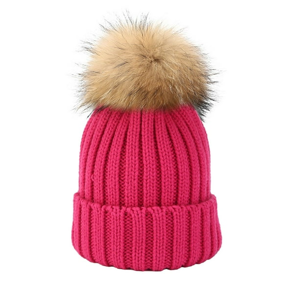 Winter Hats with Large Fluffy Pom Pom, Top Big Knitted Ball Beanie for Men and Women, Warm Lamb Wool Lined Adjustable Ski Cap for Autumn Winter Outdoor Activities Hot Pink