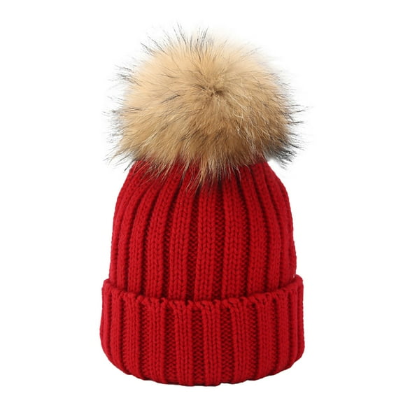 Winter Hats with Large Fluffy Pom Pom, Top Big Knitted Ball Beanie for Men and Women, Warm Lamb Wool Lined Adjustable Ski Cap for Autumn Winter Outdoor Activities Red