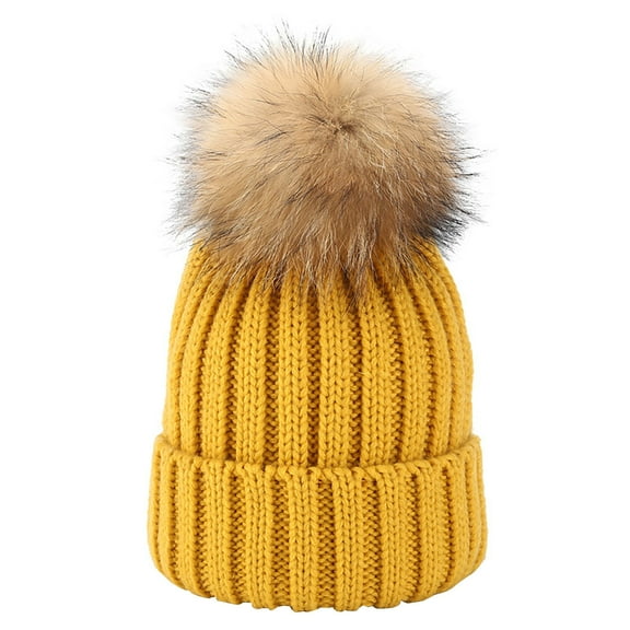 Winter Hats with Large Fluffy Pom Pom, Top Big Knitted Ball Beanie for Men and Women, Warm Lamb Wool Lined Adjustable Ski Cap for Autumn Winter Outdoor Activities Yellow