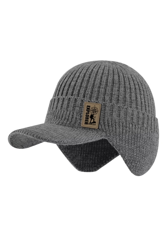 Winter Hats Unisex Beanie Cap Hats with Brim Earflap Fleece Warm Inside Comfortable Gray 1Pack