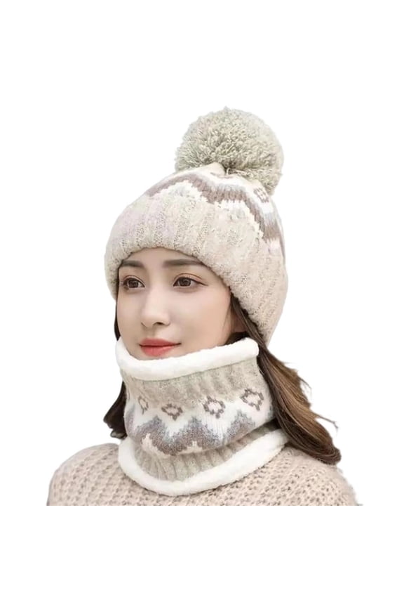 Winter Hats for Women 2-Piece Set Knitted Beanie with Pom Pom and Neck Warmer Thick Warm Thermal Fleece Lined Skull Cap Chevron Pattern for Cold Weather Chilly Morning Commute Everyday Apparel