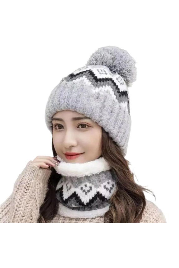 Winter Hats for Women 2-Piece Set Knitted Beanie with Pom Pom and Neck Warmer Thick Warm Thermal Fleece Lined Skull Cap Chevron Pattern for Cold Weather Chilly Morning Commute Everyday Apparel