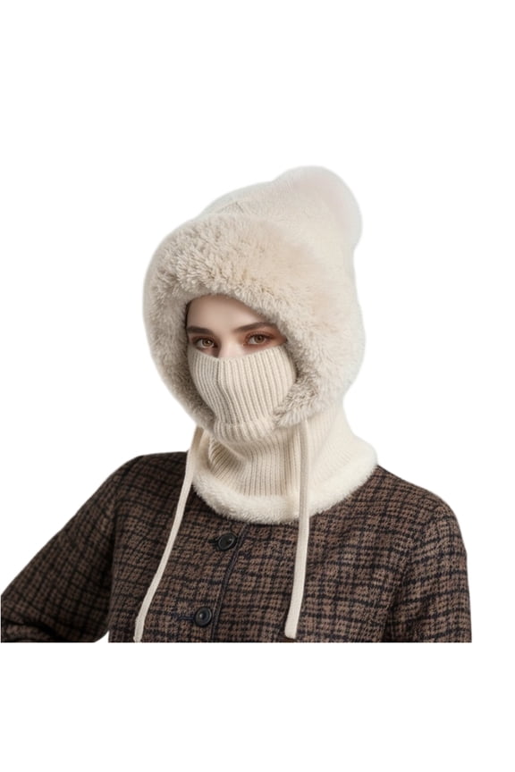 Winter Hats for Women 3-in-1 Integrated Balaclava Hooded Scarf with Pom Pom, Thick Fleece Lined Thermal Knitted Hood for Cold Weather Gear, Adjustable One-Piece Headwear for Chilly Morning Commute