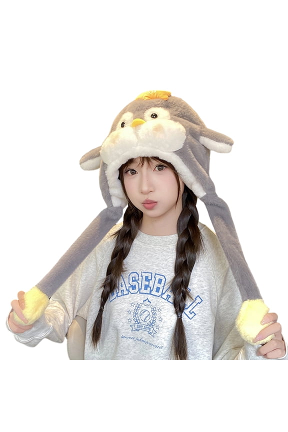 Winter Hats for Women Cute Penguin Integrated Hood Scarf Set with Moving Ears Pinch Cap Thick Warm Thermal Fleece Lined Balaclava for Chilly Morning Commute Everyday Casual Apparel Fashion Gear Gear