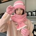 thumbnail image 1 of Winter Hats for Women Fleece Lined Beanie Knit Chunky Snow CapWinter Knitted Wool Hat Female Cold-proof Warm Hat Scarf Gloves Three-piece Set Fashionable All-match Ear Protection Pullover Hat Pink, 1 of 5