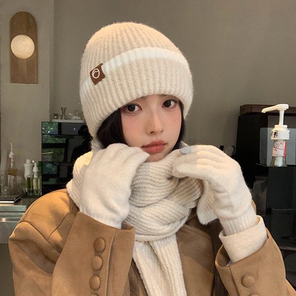 Winter Hats for Women Fleece Lined Beanie Knit Chunky Snow CapWinter Knitted Wool Hat Female Cold-proof Warm Hat Scarf Gloves Three-piece Set Fashionable All-match Ear Protection Pullover Hat Beige