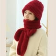 thumbnail image 1 of Winter Hats for Women Fleece Lined Beanie Knit Chunky Womens Snow Cap Integrated Ear Protection Windproof Cap Scarf 2 In 1 Winter Warm Knitted Hat Scarf Thickening Hat Scarf Wine, 1 of 2