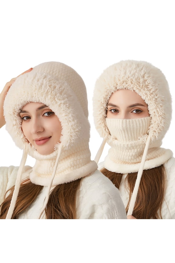 Winter Hats for Women Fleece Lined Thick Knitted Balaclava, Integrated Face Mask Neck Warmer Set Thermal Warm Cold Weather Gear for Chilly Morning Commute Everyday Casual Apparel Chic Streetwear