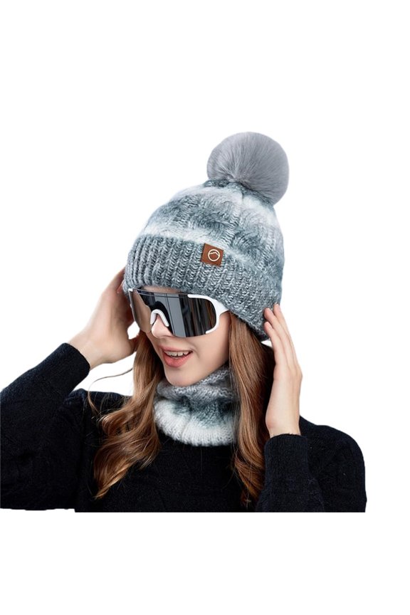 Winter Hats for Women Gradient Knitted Beanie and Scarf Set with Pom Pom, Fleece Lined Thick Warm Thermal Skull Cap and Neck Warmer Cold Weather Gear for Chilly Morning Commute Everyday Apparel