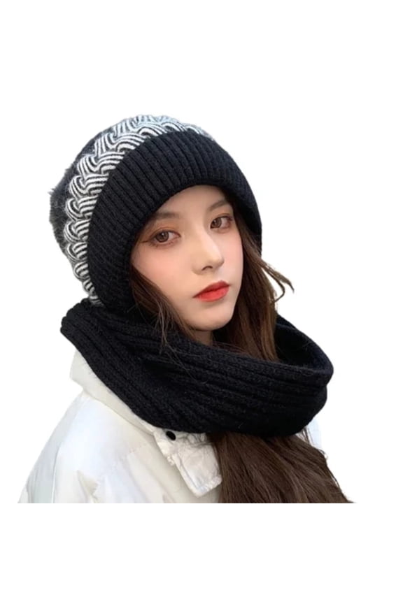 Winter Hats for Women Hooded Scarf Knitted Beanie with Pom Pom, Thermal Warm Balaclava Neck Warmer Cold Weather Gear for Chilly Morning Commute Everyday Casual Apparel Chic Streetwear