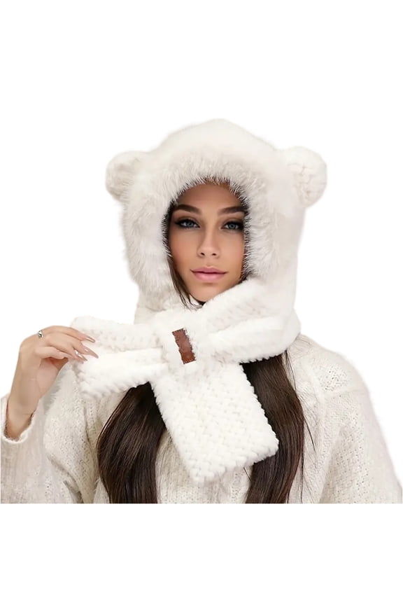 Winter Hats for Women Hooded Scarf Set, Integrated Thick Warm Plush Hat Scarf Combo Cross Neck Warmer Thermal Cold Weather Gear for Chilly Morning Commute Everyday Casual Apparel Streetwear