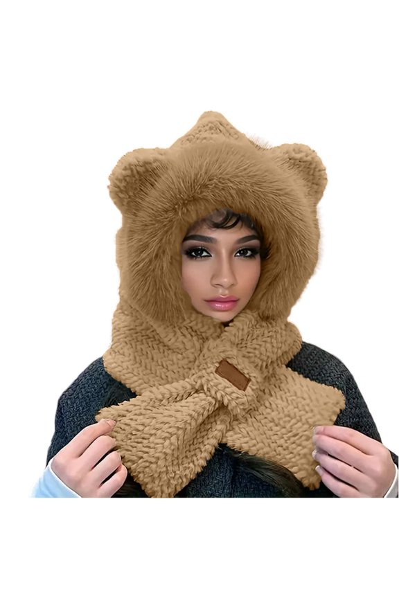 Winter Hats for Women Hooded Scarf Set, Integrated Thick Warm Plush Hat Scarf Combo Cross Neck Warmer Thermal Cold Weather Gear for Chilly Morning Commute Everyday Casual Apparel Streetwear