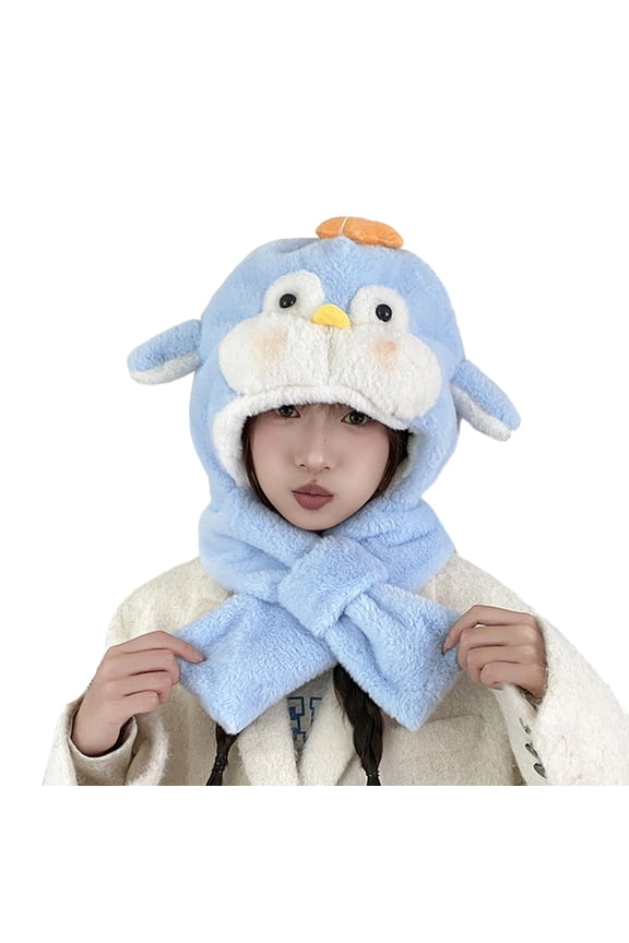 Winter Hats for Women Integrated Cartoon Penguin Plush Hood Scarf Set, Cute 3-in-1 Thick Warm Thermal Balaclava with Animal Ears for Cold Weather Outdoor Travel Chilly Morning Commute Apparel Gear