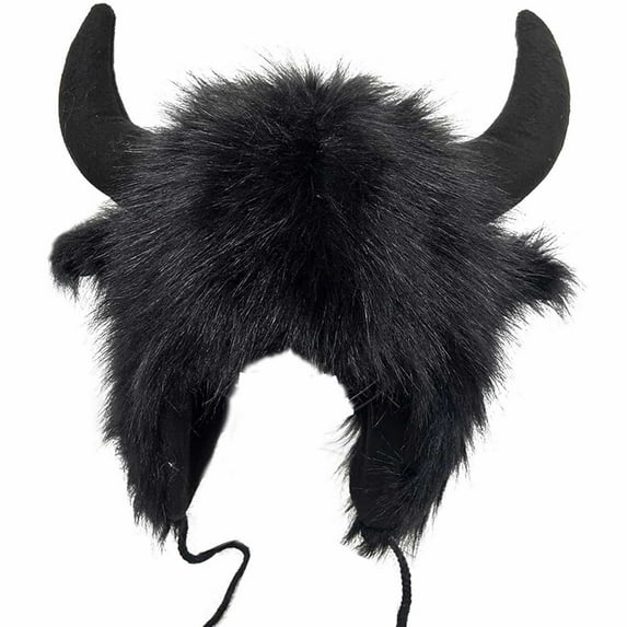 Winter Hats for Women Men, Winter Windproof Warm Hat with Ear Flap, FNGZ Buffalo Hat with Horns, Fluffy Earmuffs, Winter Hat, Buffalo Face, Fluffy Ear Headwear, Earmuff Hat