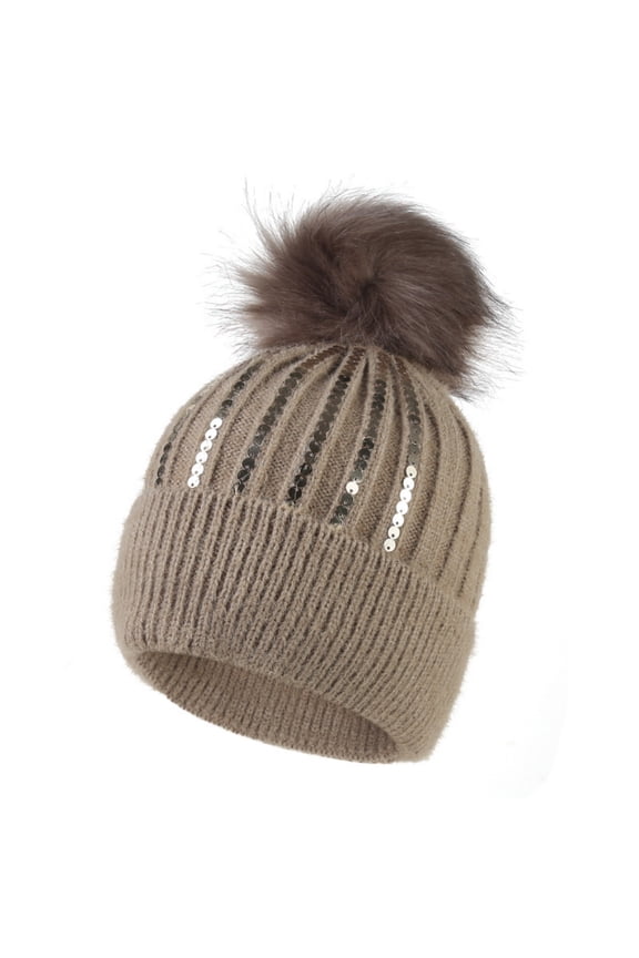 Winter Hats for Women Sequined Knit Beanie with Faux Fur Pom Pom, Thick Warm Thermal Skull Cap Cold Weather Gear for Chic Streetwear Outdoor Gatherings Chilly Morning Commute Everyday Wear