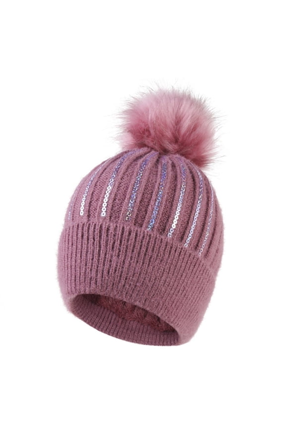 Winter Hats for Women Sequined Knit Beanie with Faux Fur Pom Pom, Thick Warm Thermal Skull Cap Cold Weather Gear for Chic Streetwear Outdoor Gatherings Chilly Morning Commute Everyday Wear