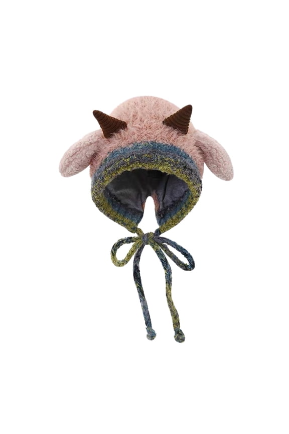 Winter Hats for Women Squeaky Sheep Horn Knitted Beanie with Ear Flaps, Cute Plush Thermal Warm Hat Tie Strings Fun Cold Weather Gear Chic Streetwear Everyday Casual Apparel