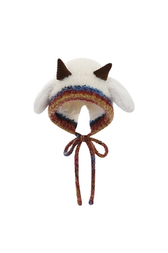 Winter Hats for Women Squeaky Sheep Horn Knitted Beanie with Ear Flaps, Cute Plush Thermal Warm Hat Tie Strings Fun Cold Weather Gear Chic Streetwear Everyday Casual Apparel