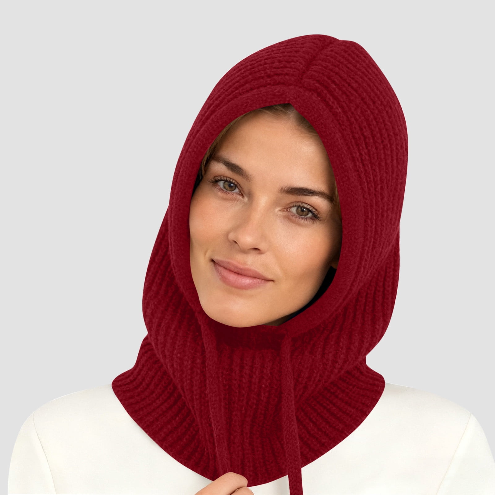 Women\'s Red Winter Hat Warm Hooded Scarf Hat Balaclava Knit Skull Beanie Wool Balaclava Women main image 2