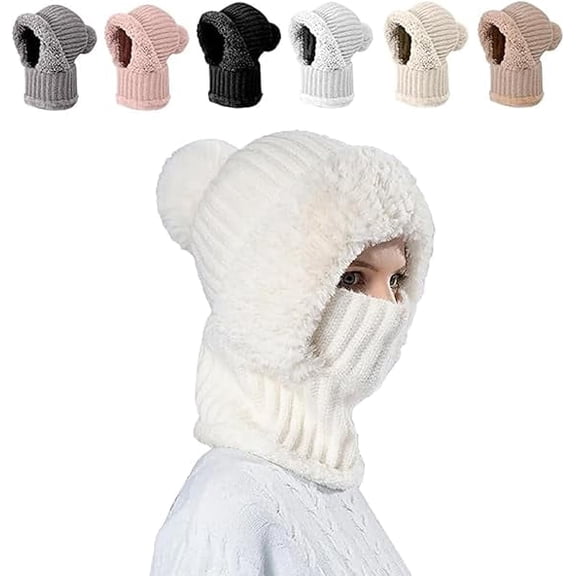 Winter Hats for Women Cold Weather, Women’s Thermal Knit Hood – Fleece-Lined Winter Hat, Neck Warmer & Face Cover Combo(White*1pc)