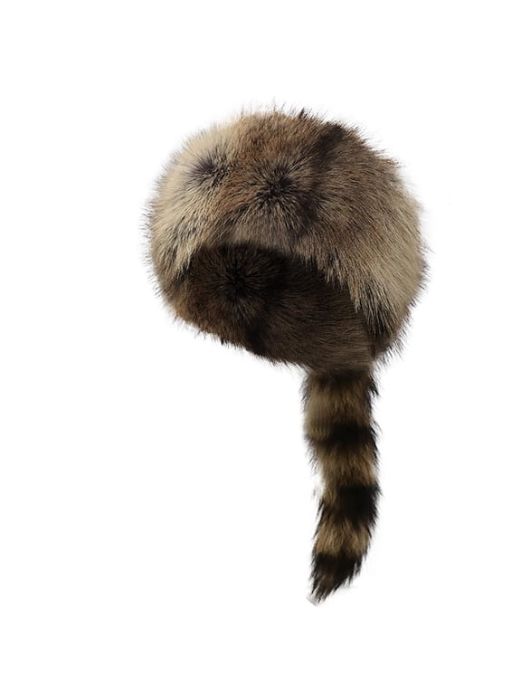 Winter Hats for Women Costume Coonskin Children Plush Light Brown Raccoon Tail Cap Beanie Hat