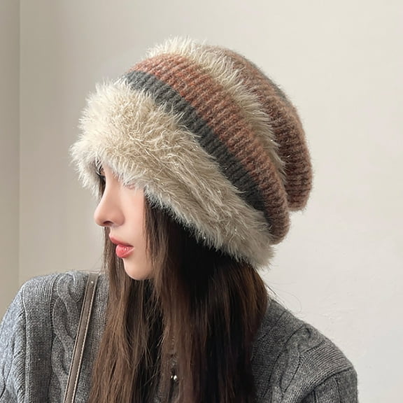 Winter Hats for Women Fleece Lined Beanie Knit Chunky Womens Snow Cap Women's Casual Winter Plush Pile Hat Ear Protector Head Cold Hat Khaki