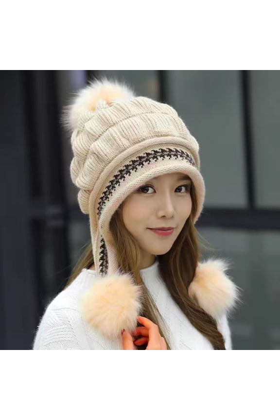 Winter Hats for Women Fleece Lined Beanie Knit Chunky Womens Snow Cap Women's Winter Printing Warmth Plush Protection Thick Hats Beige