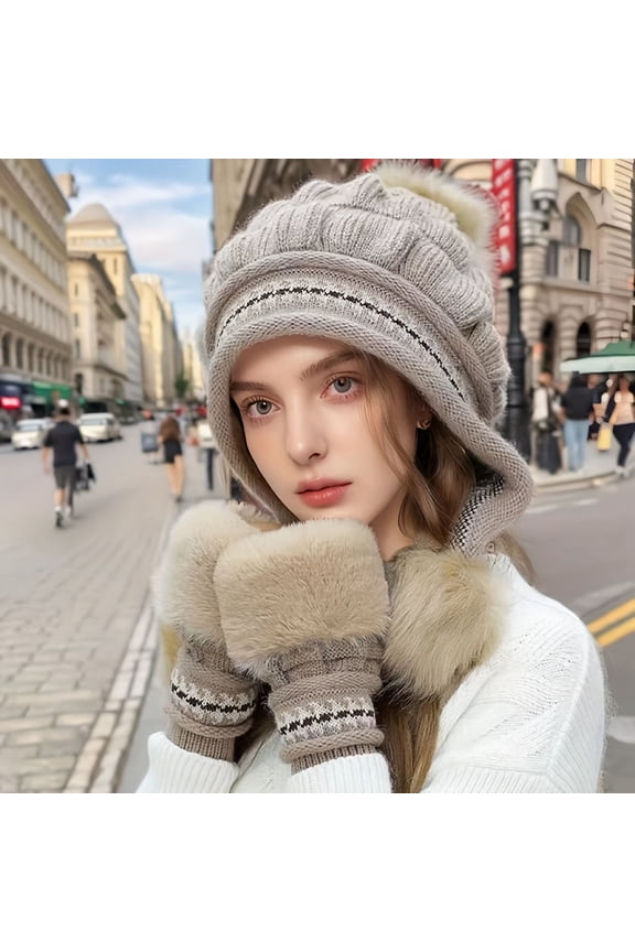 Winter Hats for Women Fleece Lined Beanie Knit Chunky Womens Snow Cap Women's Winter Printing Warmth Plush Protection Thick Hats Gloves Set Coffee