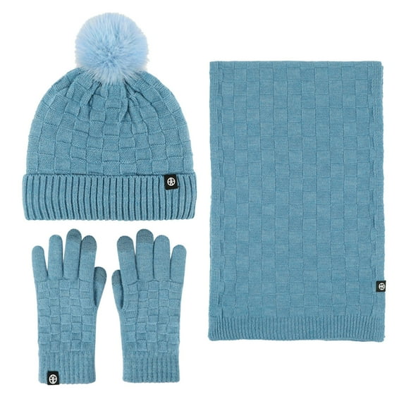 Winter Hats for Women Mens Hats Couples Winter Outdoor Warm Winter Hat Scarf Gloves Three Piece Check Knit Pile Hat