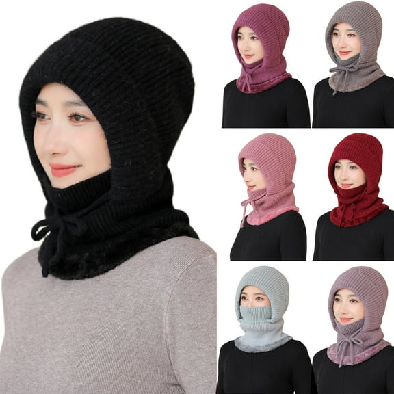 LShunze Winter Hats for Women, One Piece Slouchy Beanie Scarf Mask Warm Knitted Imitation Rabbit Fur Hooded Outdoor Travel Cold Weather Cap