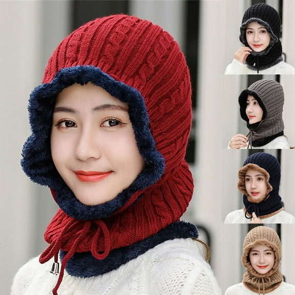 Winter Hats for Women, Warm Hooded Scarf Hat for Women Balaclava Knit Skull Cap Beanie Hat with Drawstring