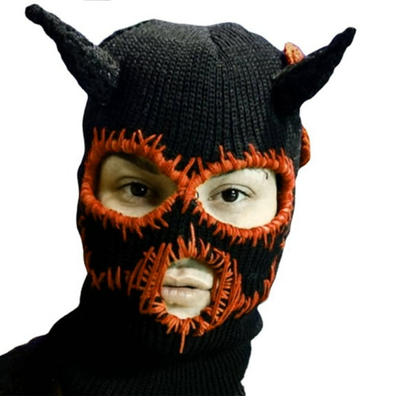 Winter Hats with Devil Horns Sewed Mouth Scars Knitted Hat for Women Halloween Ski Mask Warm Knit Hat for Adults