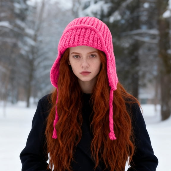 Winter Hats with Ear-Flaps, Winter Beanie Hats for Men Women, Hats Fleece Sherpa Thermal Warm Color Block Ski Snow Wool Knitted Cap Hat, Hot Pink