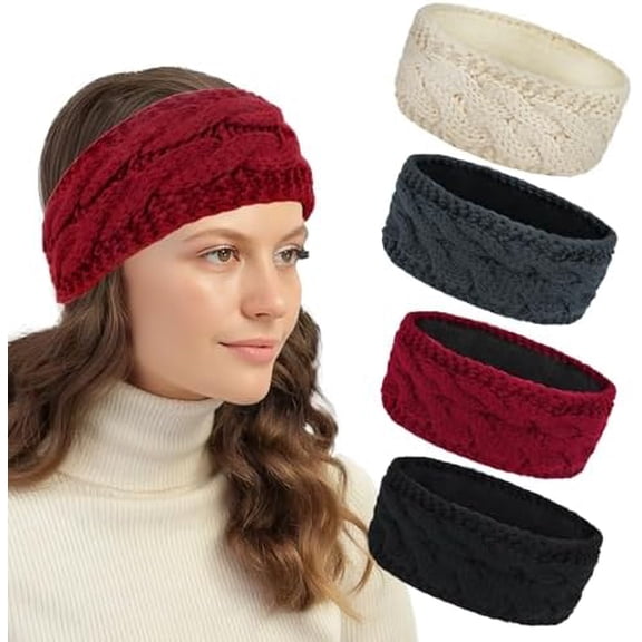 Winter Headbands for Women, 4 count Ear Muffs Crochet Soft Lined Elastic Ear Warmers for Women Christmas