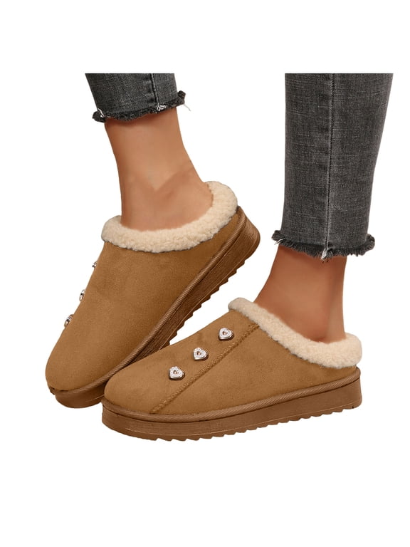 Winter Heart Rhinestones Clogs Slippers Boots for Women Sparkly Fleece Lined Suede Platform Backless Slip on Ankle Booties House Shoes Indoor and Outdoor