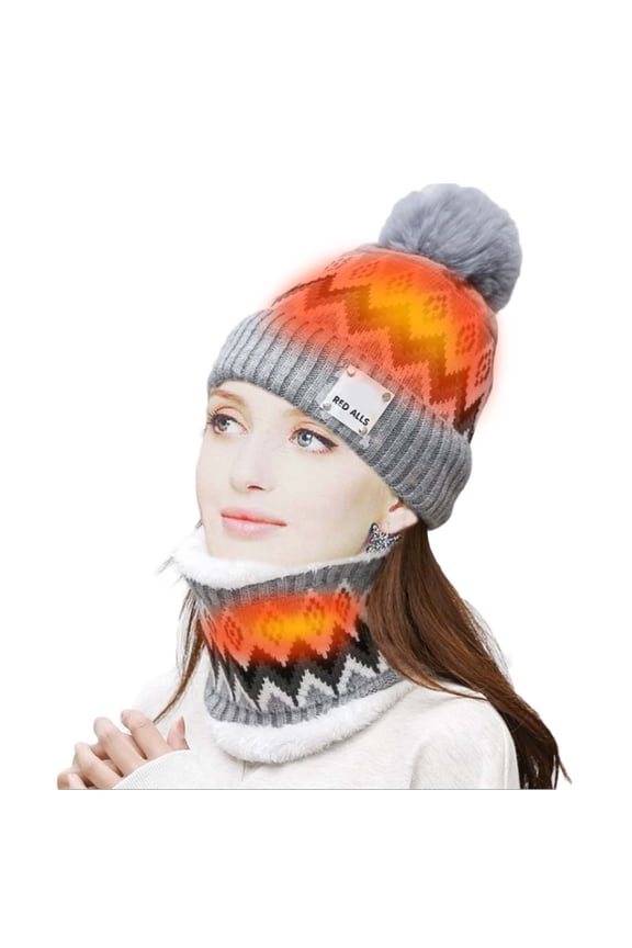 Winter Heated Beanie Hat Scarf Set for Women Fleece Lined Knit Heating Cap USB Charging Neck Warmer Scarf for Cold Weather