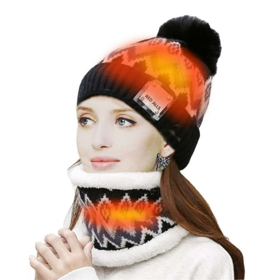 Winter Heated Beanie Hat Scarf Set for Women Fleece Lined Knit Heating Cap USB Charging Neck Warmer Scarf for Cold Weather