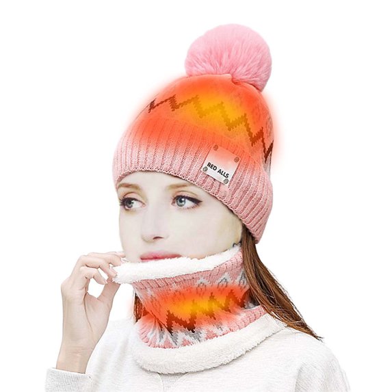 Winter Heated Beanie Hat Scarf Set for Women Fleece Lined Knit Heating Cap USB Charging Neck Warmer Scarf for Cold Weather