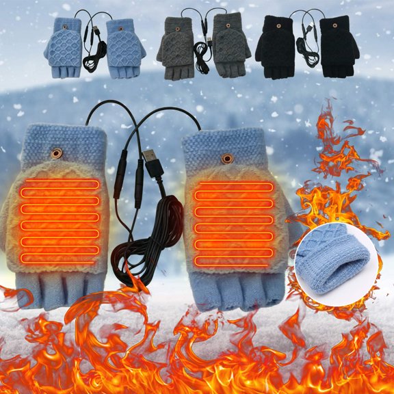 Winter Heated Gloves, USB Electric Fingerless Heated Gloves, Windproof Warmer Gloves with Button and USB Charging, for Office Home Outdoor Sports