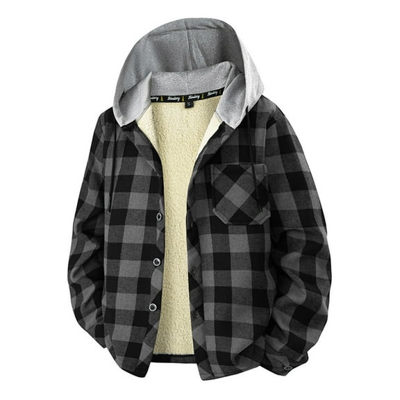 Winter Heavy Warm Fleece Lined Plaid Flannel Jacket Men Soft Comfortable Flannel Plaid Button Shirt with Hooded Black S
